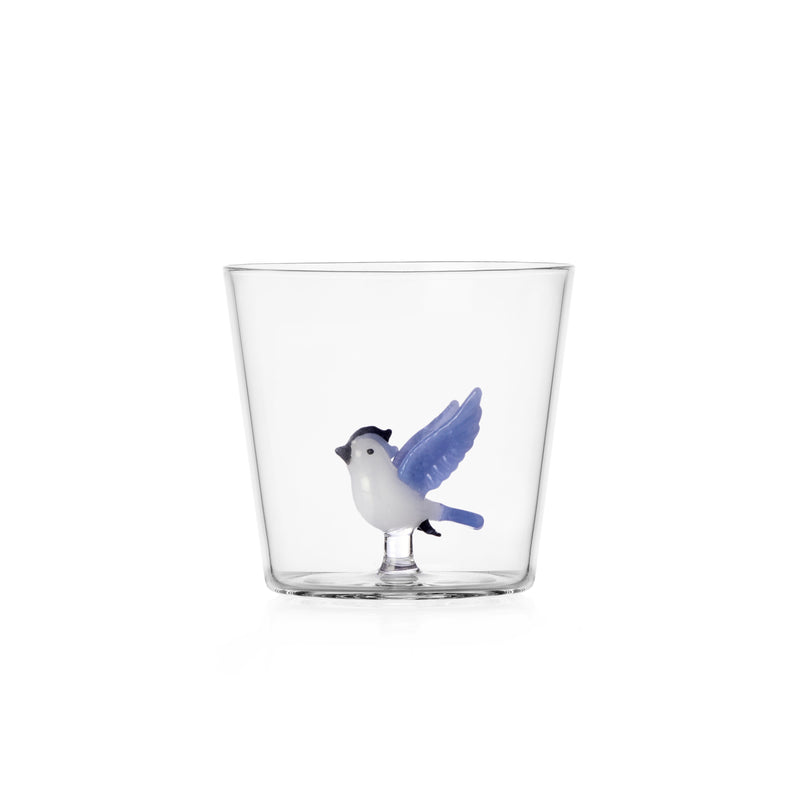 Glas mit hellblauem Vogel