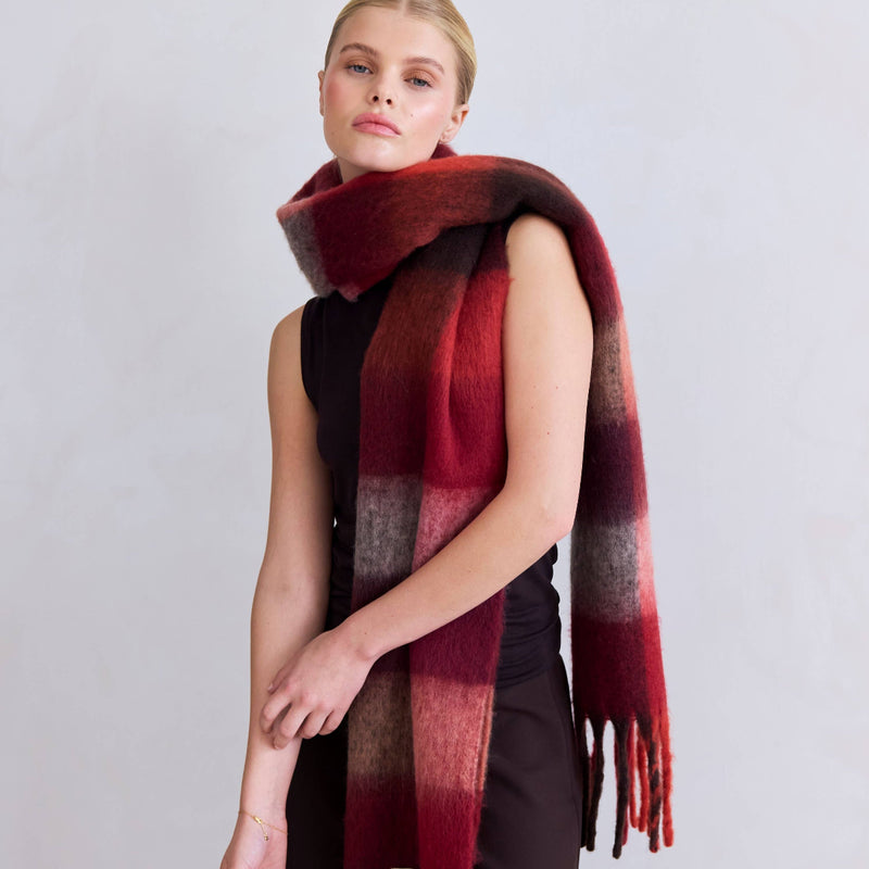 Reykjavik-Schal - 100 % recycelt - Burgunder-Karo