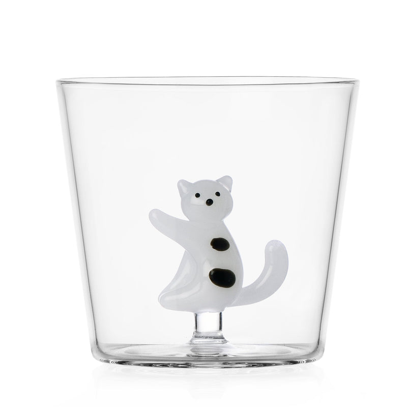 Glas mit Katze weiß mit schwarzen Flecken