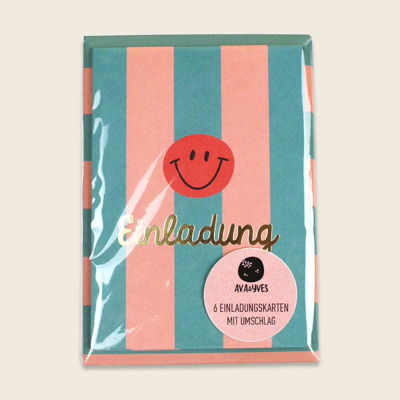 Einladungskarten-Set mit Goldfolie – Stripes türkis/lachs/koralle