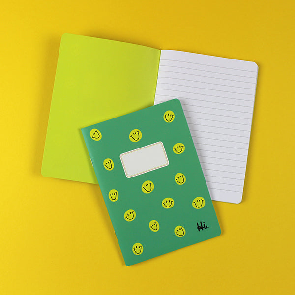 Notizheft grün mit gelben Smiles, kariert, DIN A5