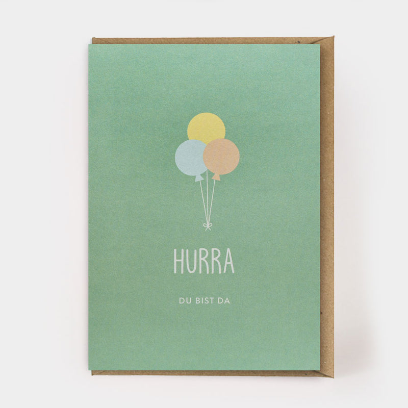 Folding card with envelope "Hurray, you're here"